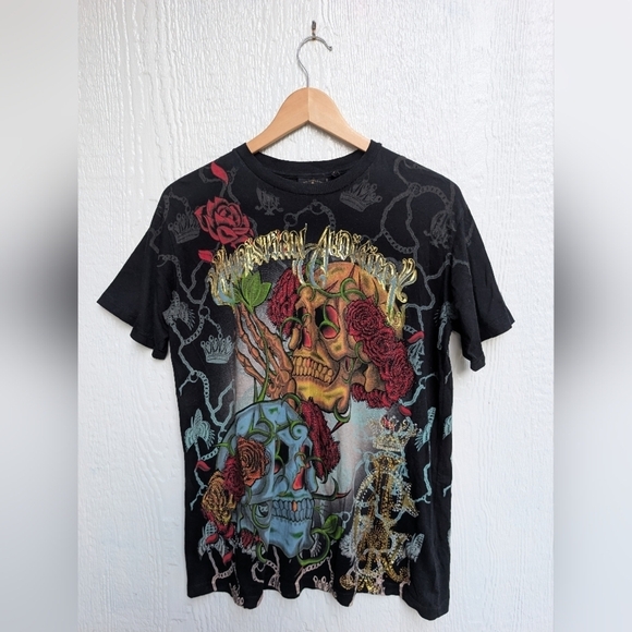 Christian Audigier Los Angeles Skull Tattoo Art Black T-Shirt Men's Size Small - Picture 1 of 7